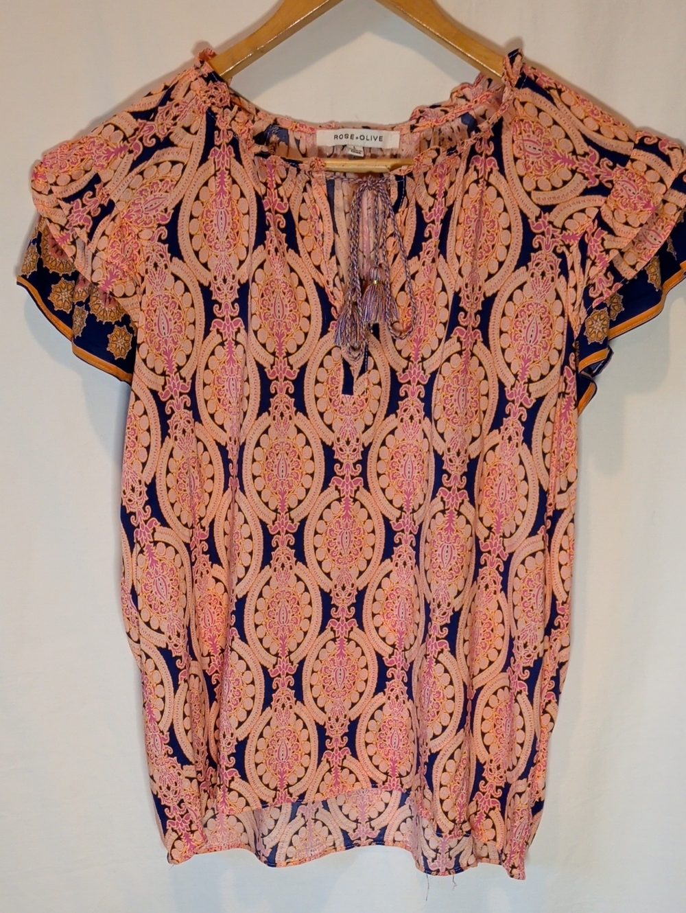 Rose & Olive Navy and Pink Paisley-Print Flutter Sleeve Blouse